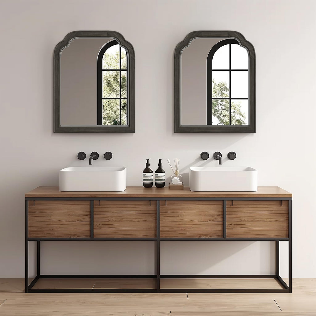 Wood Bathroom Mirrors for Wall Mounted, Rustic Solid Wood Frame Wall Mirrors Decorative Vanity, Arch Scalloped
