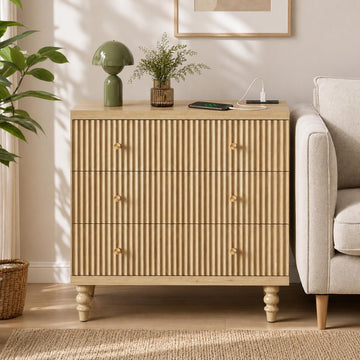 Buffet Cabinet with Storage, 31" Tall Fluted Accent Sideboard Cabinet with 3 Drawers, Mid-Century Modern Accent