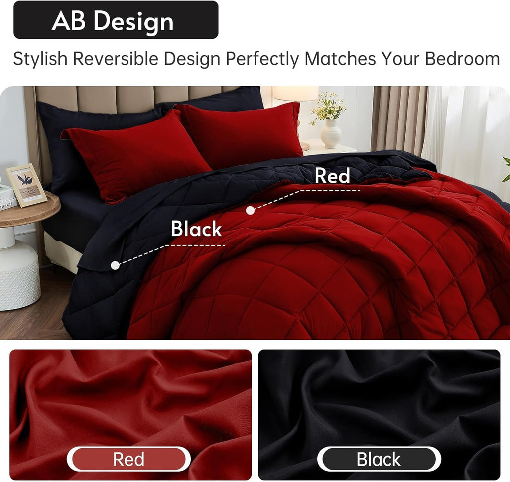 7 Pieces Comforter Set, Reversible Bed in a Bag, All Season Bedding Set with Comforter, Flat Sheet