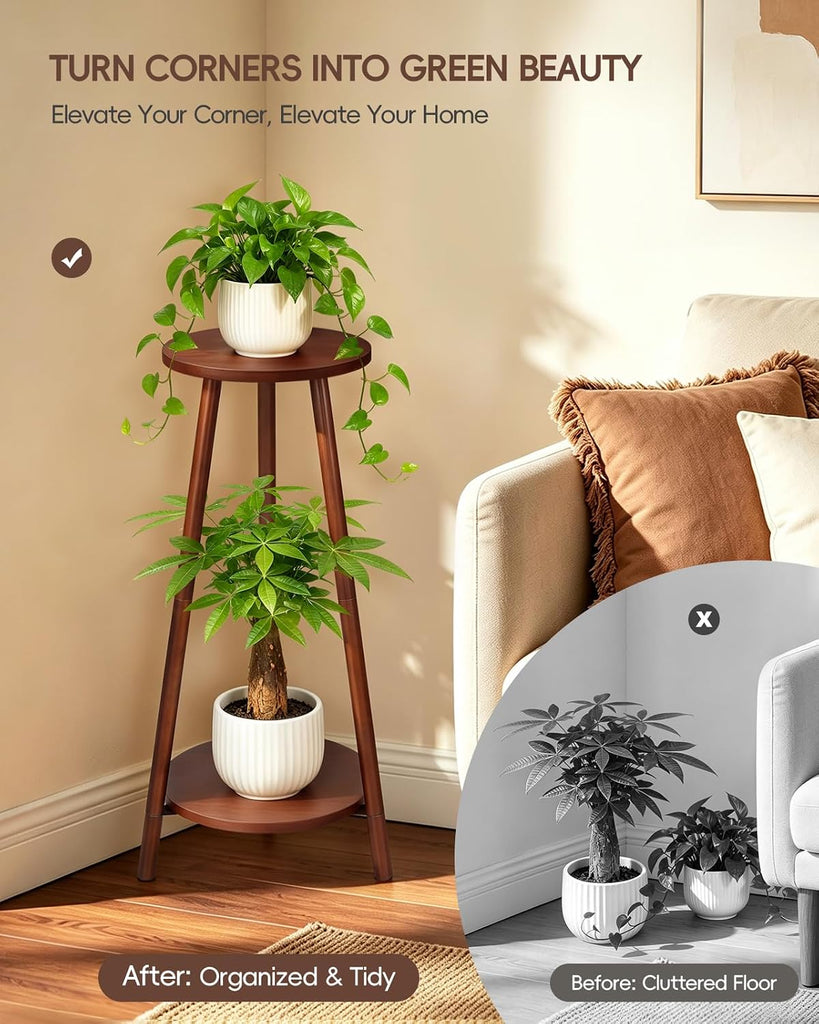 2 Tier Round 12 inch Bamboo Plant Stand Indoor Outdoor,Wood Flower Stand | Mid Century Corner Plant Pot Holder