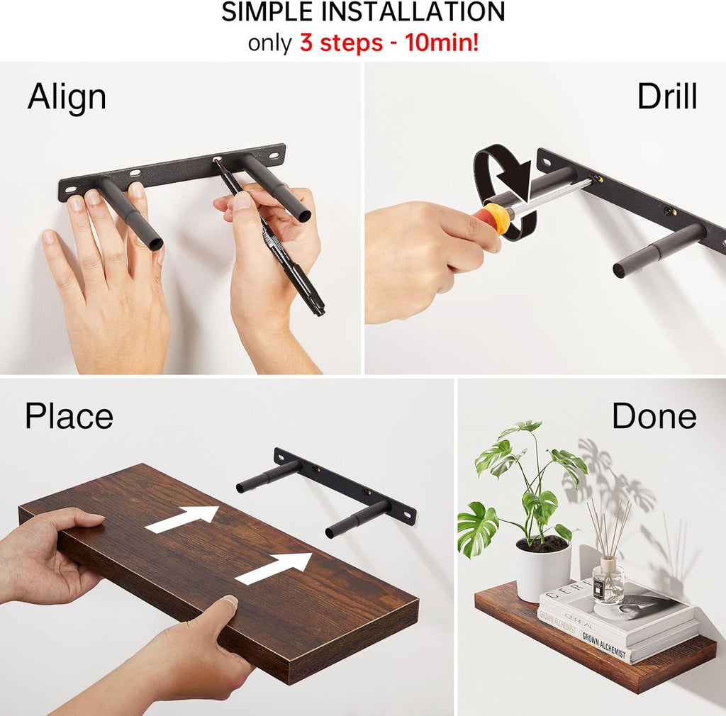 Rustic Brown Bathroom Floating Shelves, 15.7in, 3Pk, Wall Mount Shelf | 22lbs Max Load, Hidden Bracket, Bedroom