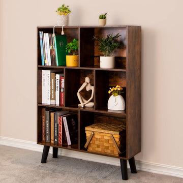 Cube Bookshelf 3 Tier Mid-Century Rustic Brown Modern Bookcase with Legs,Retro Wood Bookshelves Storage Organizer