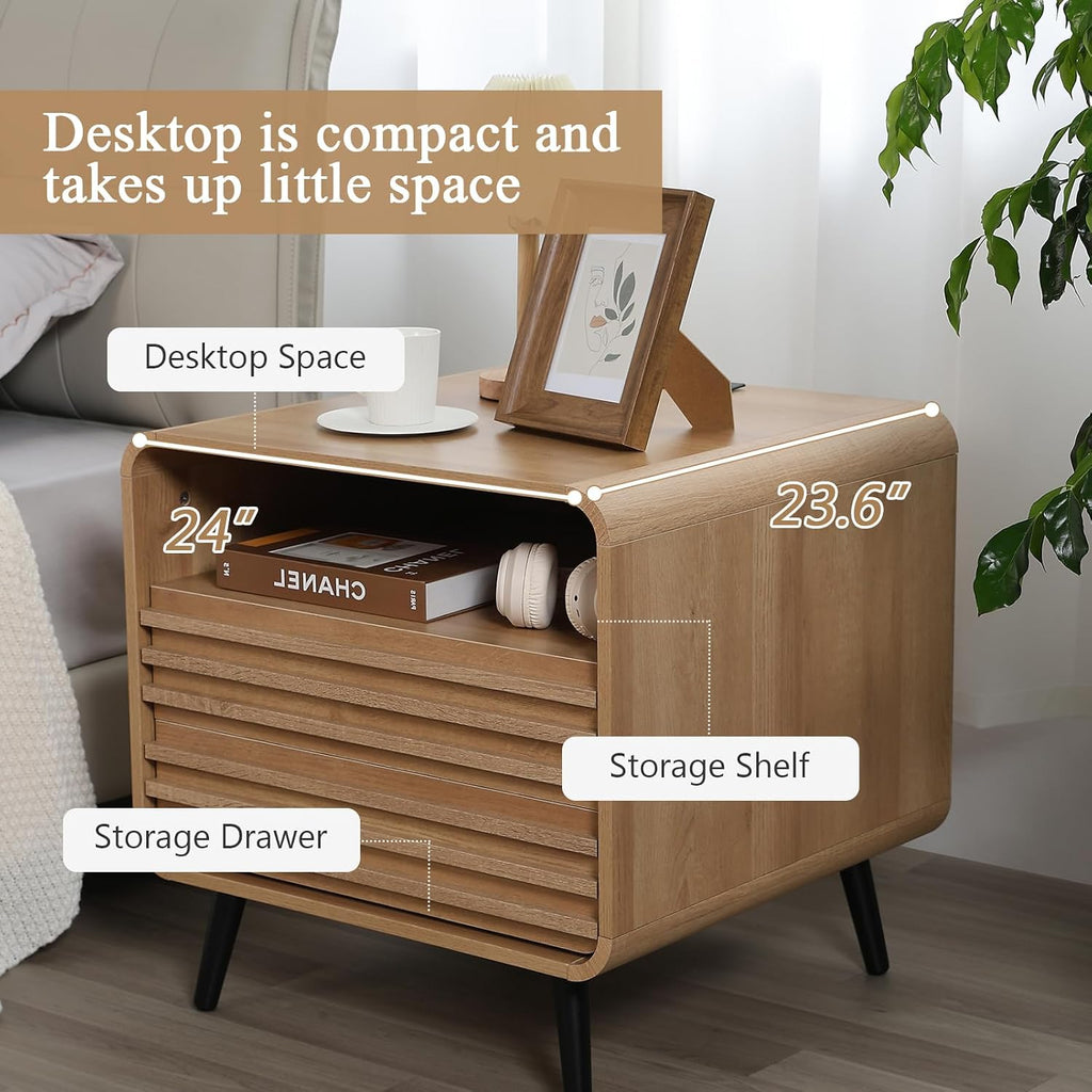 Modern Nightstand with Charging Station, 24" Night Stands with 2 Drawers, Wood Fluted End Table with Storage, Oak