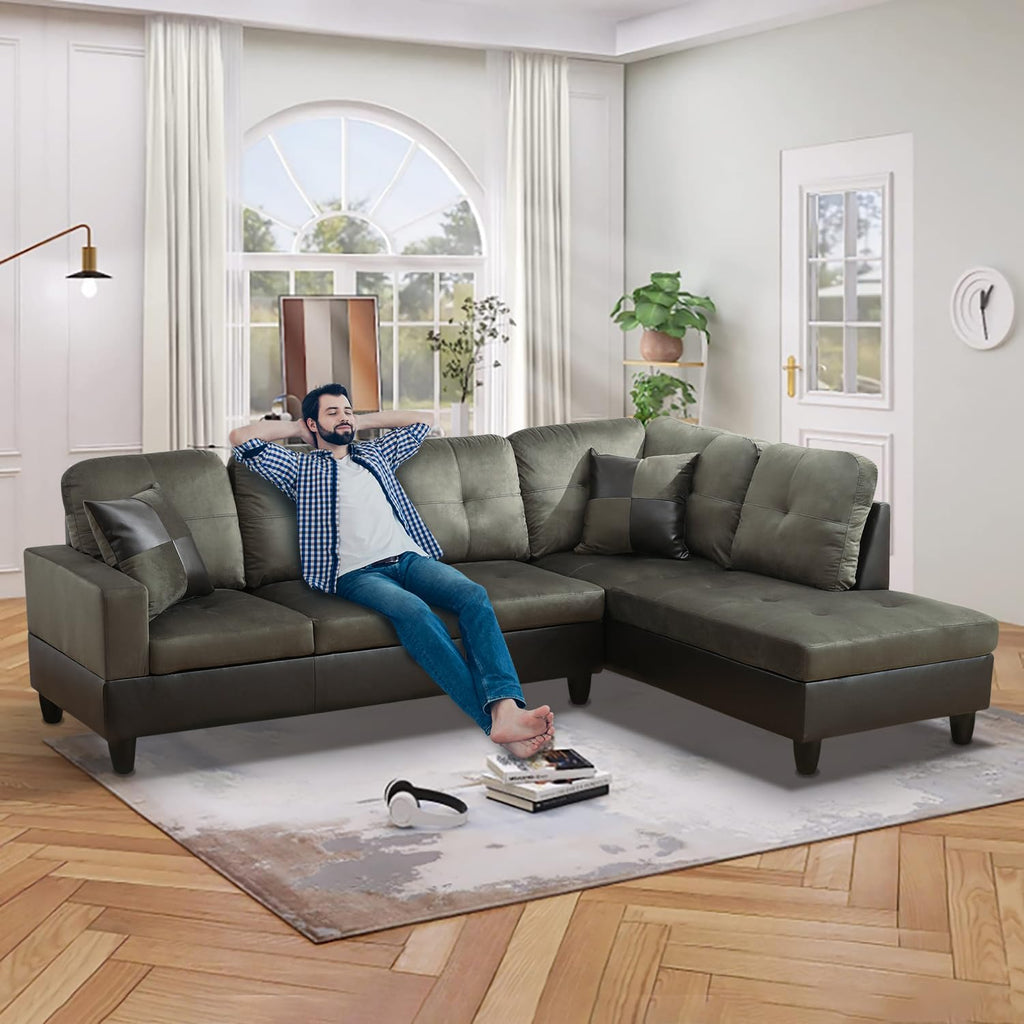 105 Inch L Shaped Sectional Sofa Couch, 4 Seat Modern Fabric Flannel Taupe, 2 Pieces, Includes 2 Pillows, Easy