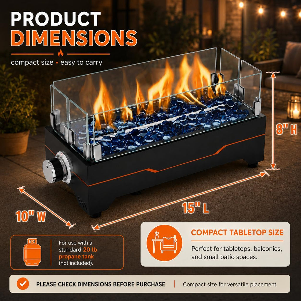 15 Inch Table Top Propane Fire Pit, 30,000 BTU Rectangular Tabletop Firepit with Glass Wind Guard & Carry Bag