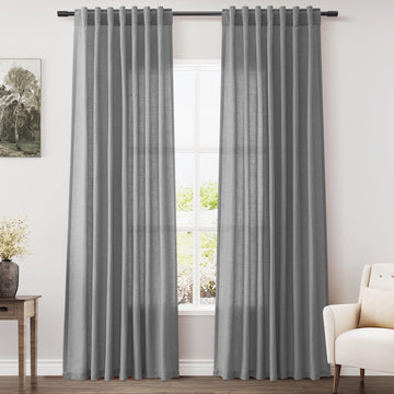 Dark Grey Linen Curtains 84 Inches Long Rod Pocket Back Tab Light Filtering Privacy Semi Sheer Curtain Farmhouse