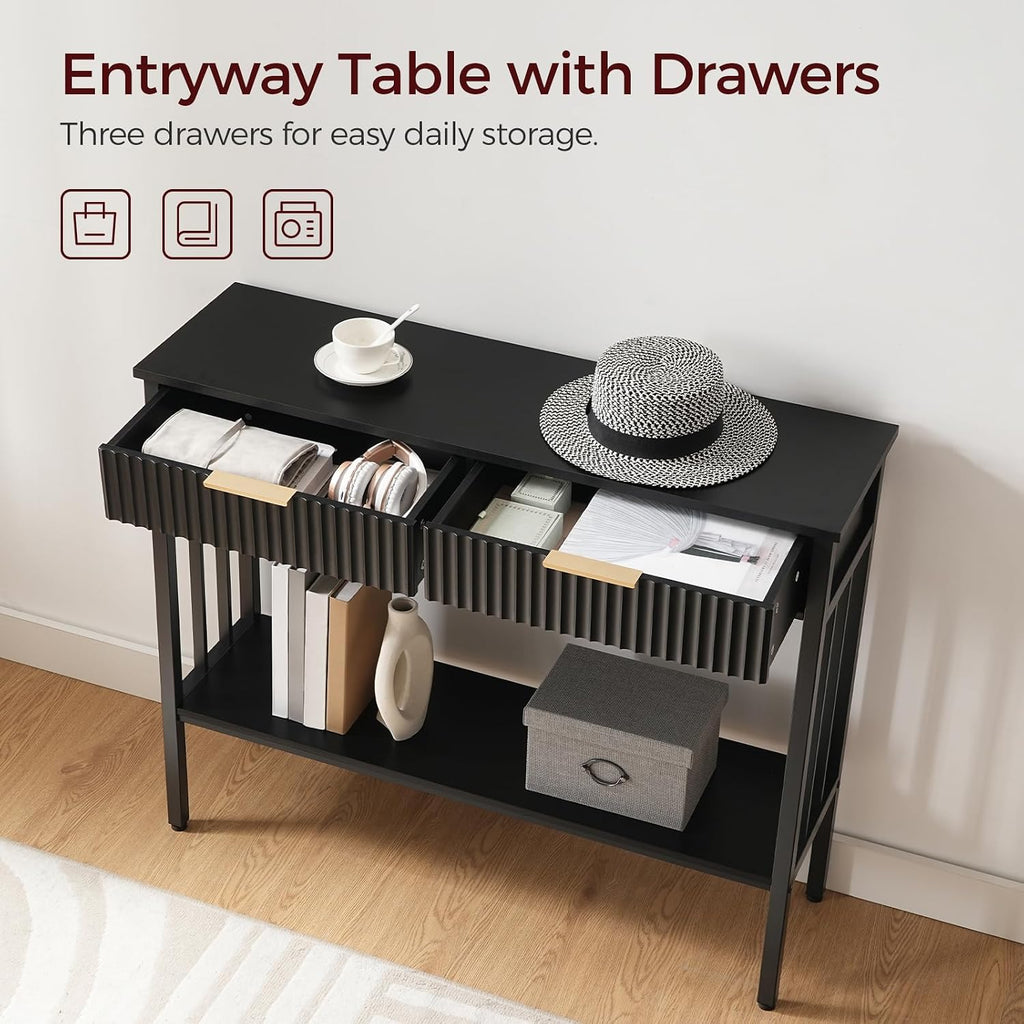 39.4" Console Table with 2 Drawers, Narrow Long Entry Table with Storage Shelf, 2-Tier Fluted Entryway Table with 2