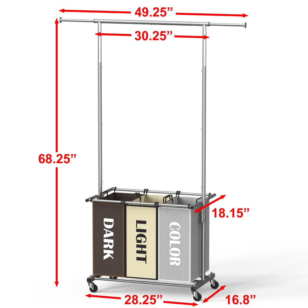 3 Bags Laundry Sorter Cart with Hanging Rod, Multi Color