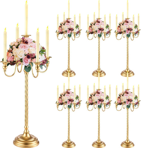 6 Pack Wedding Gold Candelabra Table Centerpieces 28 inch Tall Candelabra Metal Candle Holder 5 Arm Taper Candlestick