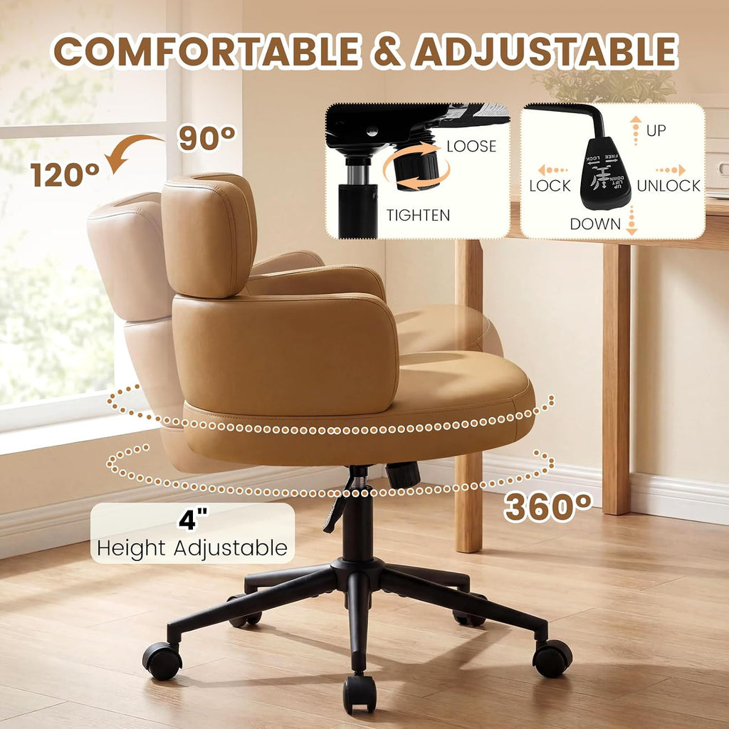 Leather Home with Unique Curved Back, Wide Seat Computer Desk Chair with Wheels,Swivel Tilt & Height Adjustable,Matel