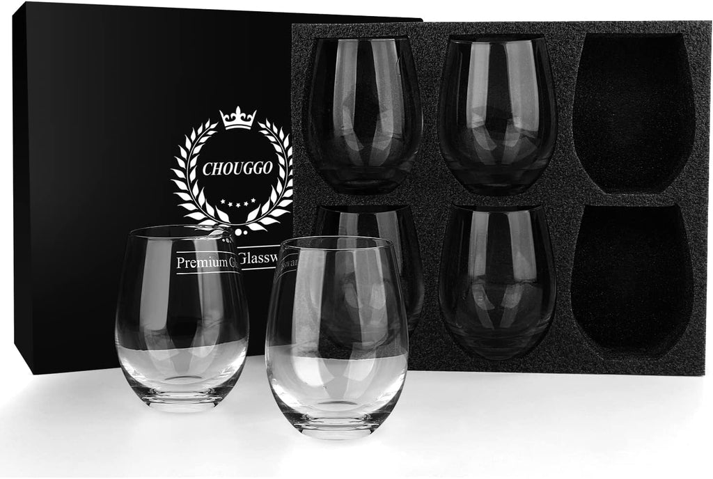 Stemless Wine Glasses Set of 6, Hand Blown Premium Crystal Red Wine or White Wine Glass 18Oz - Hand Crafted by