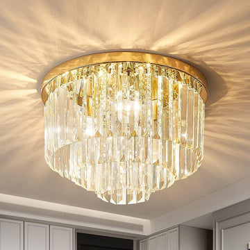 Modern French Gold Crystal Chandelier Ceiling Light,16" Semi Flush Mount 5-Lights 3-Tier Crystal Round Chandelier