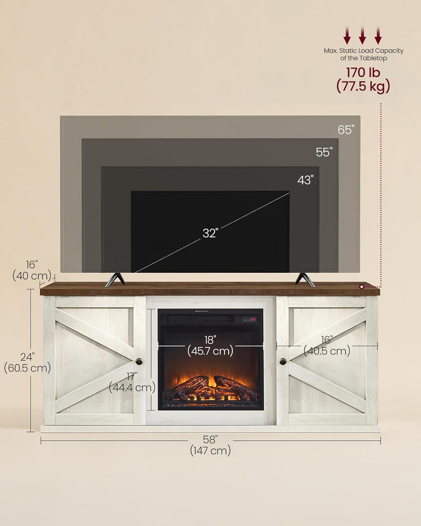 Farmhouse Fireplace TV Stand for TVs up to 65 Inches, Entertainment Center with 18 Inch Electric Fireplace, Remote Control, Rustic White and Brown