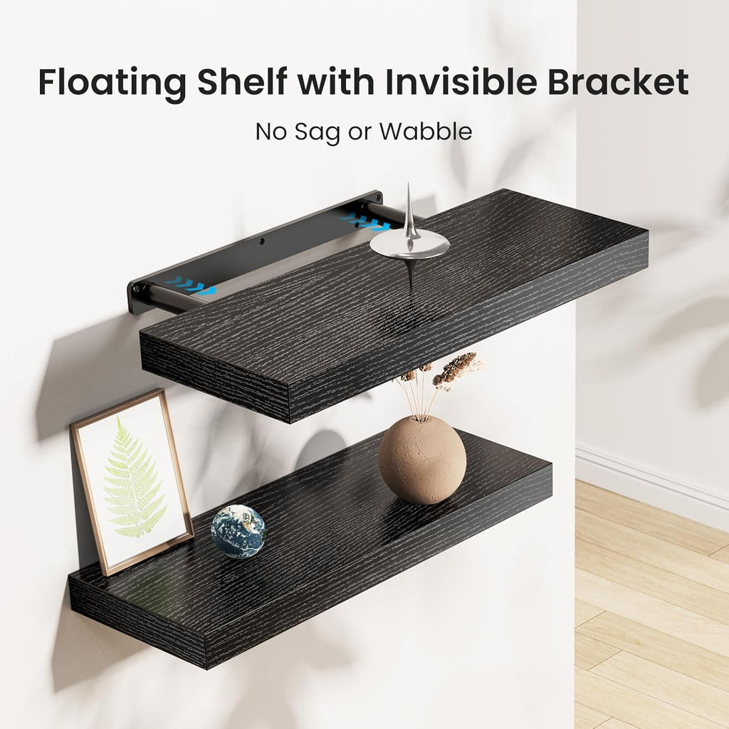 Floating Shelves Black, Wall Shelves with Invisible Brackets , Set of 3 - AMFS07