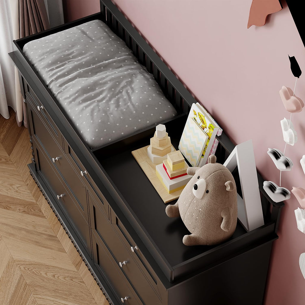 Nursery Dresser with Diaper Changing Tray, Baby Kids Dresser Changing Table with 7 Drawers & Carved Pattern Bedroom