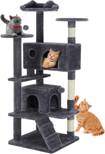 54-inch Indoor Cat Tree Tower - Multi-Level Pet House for Large Cats with 2 Condos, Scratching Posts, Round Platform