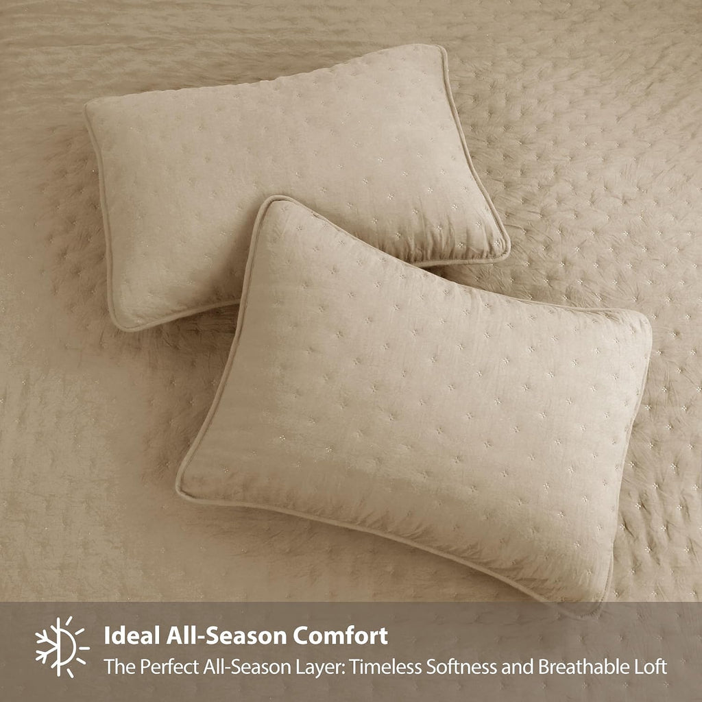 Beige Cloud Quilt Bedding Sets with Pillow Shams, Farmhouse Lightweight Soft Bedspread Coverlet, All Season