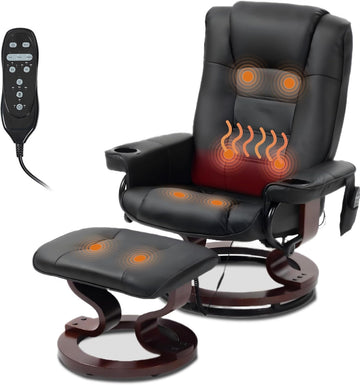 Modern Reclining Swivel Lounge Chair and Ottoman — Black PU Leather