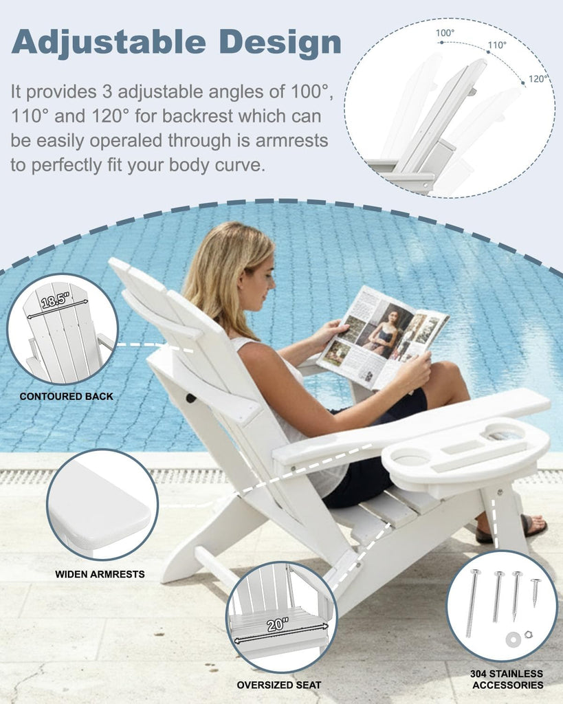 Adjustable Adirondack Chair with Cup Holder, HDPE, White | All-weather HDPE Outdoor Chair with Multifunctional Cup