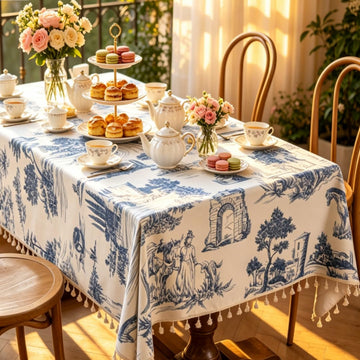 Retro Blue White Toile De Jouy Printed Rectangular Tablecloth, Premium Cotton Linen Table Cover with Complete Edge
