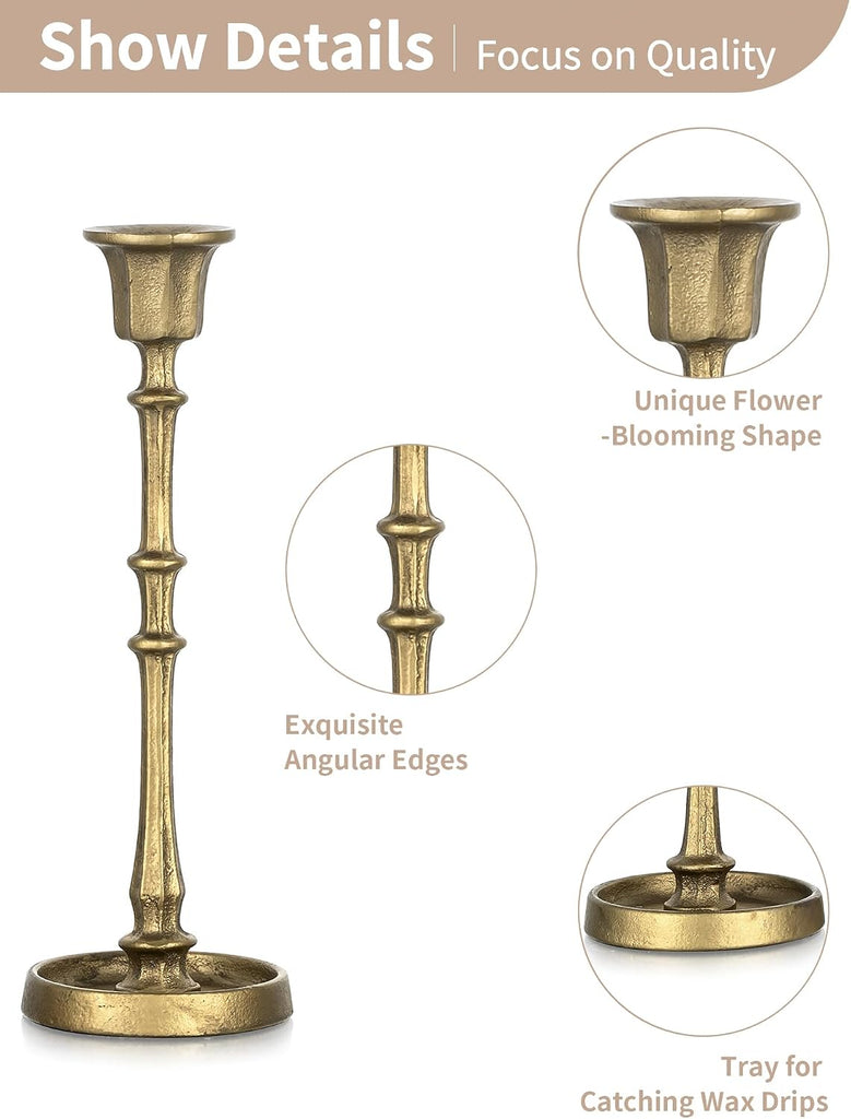 Cast Iron Candlestick Holders: Antique Brass Taper Candle Holders with Unique Drip Wax Aesthetics - Set of 3 Gold
