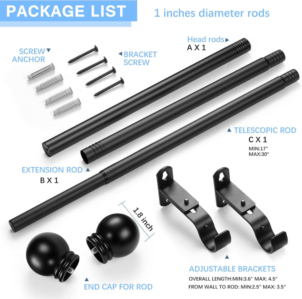 Curtain Rods for Windows 16 to 48 Inches, Curtain Rod Max Adjustable Length of 60 IN, 1" Diameter Drapery Rods Round