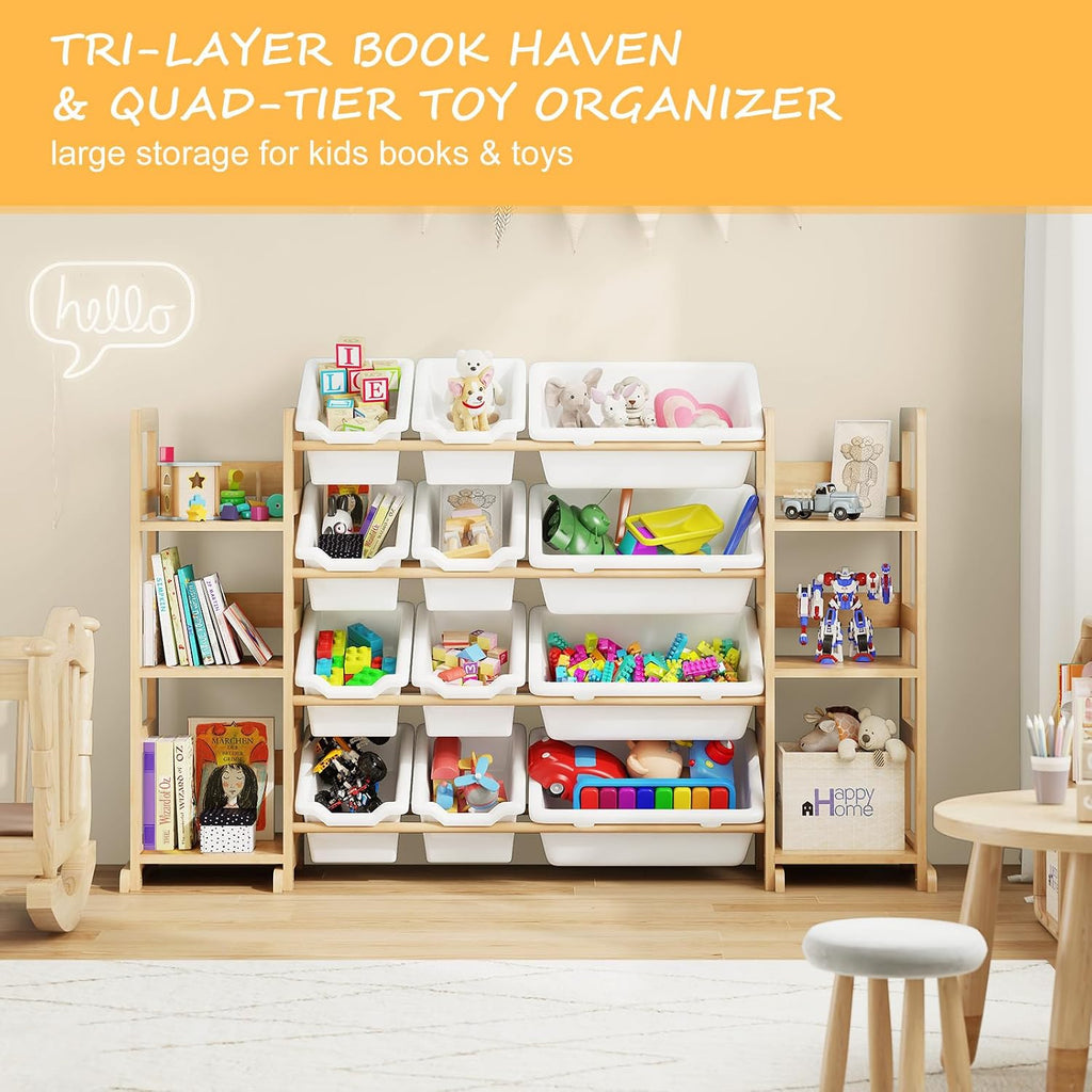 Extra Large Toy Storage - Toy Storage Organizer, Wooden Toy Organizer with 6 Side Shelves and 12 Bins, 3-in-1