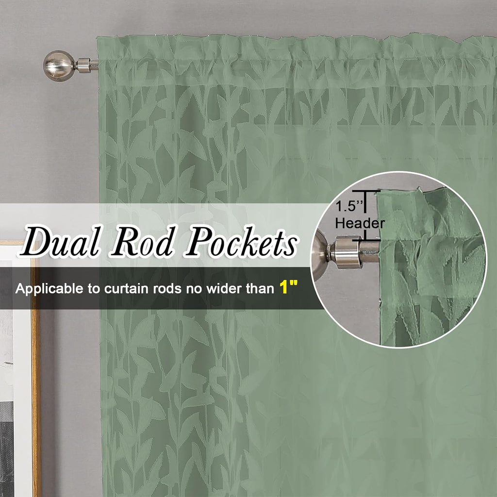 Leia Sage Green Valance Sheer Cafe Curtains 24 Inch Length 2 Packs, Bathroom/Basement/Kitchen Curtain Tiers Small - Set of 2