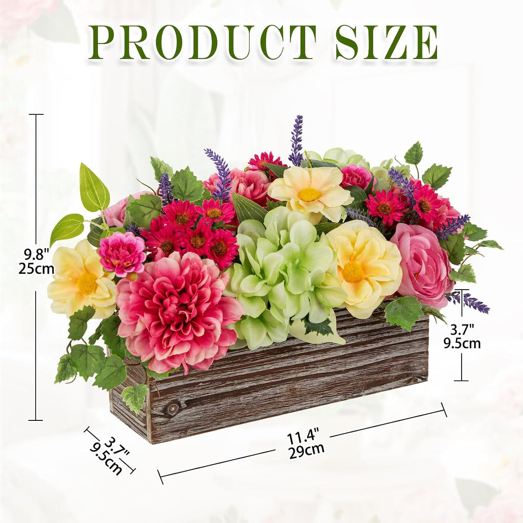 Spring Faux Floral Table Centerpiece with Rustic Wooden Planter Box, Artificial Flower Arrangement with Silk Dahlias