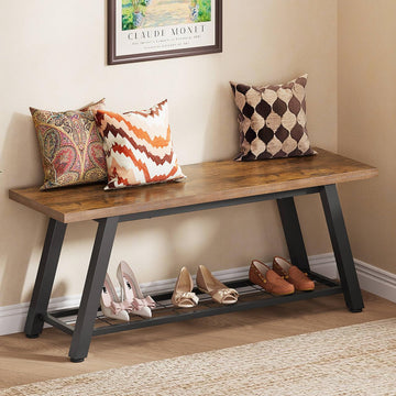 Storage Bench Industrial Rustic Wooden and Metal Entryway Shoe Boots Storage Rack Long Bench Seat Bedroom Retro Brown
