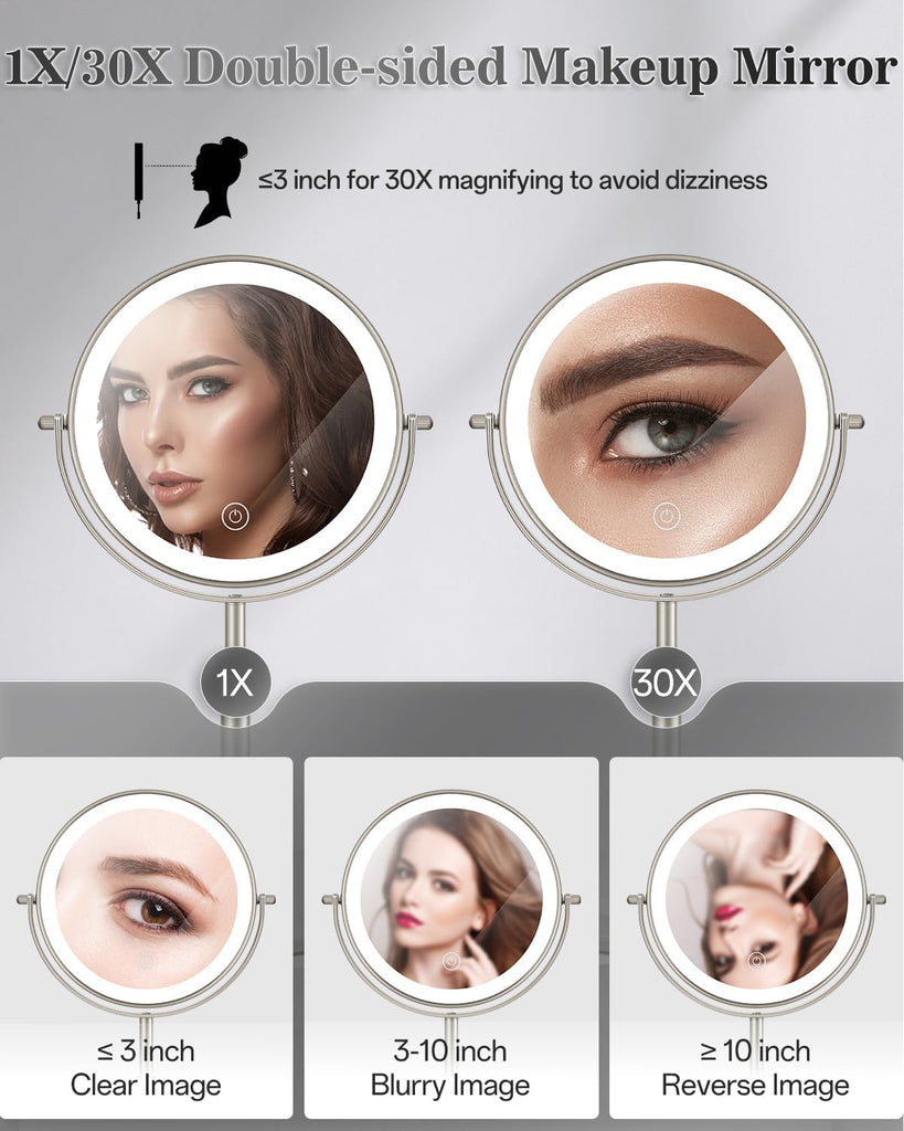 Makeup Mirror with Lights, 1X/30X Lighted Magnifying Mirror Height Adjustable, 3000mAh Rechargeable Double Sided