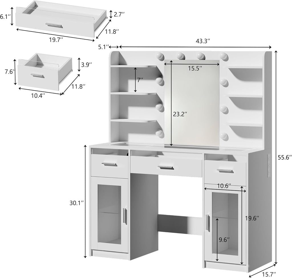 Vanity Desk, Makeup Vanity Desk with Mirror and Lights 3 Colors, Transparent Top with 3 RGB Drawers, 6 Shelves, 2