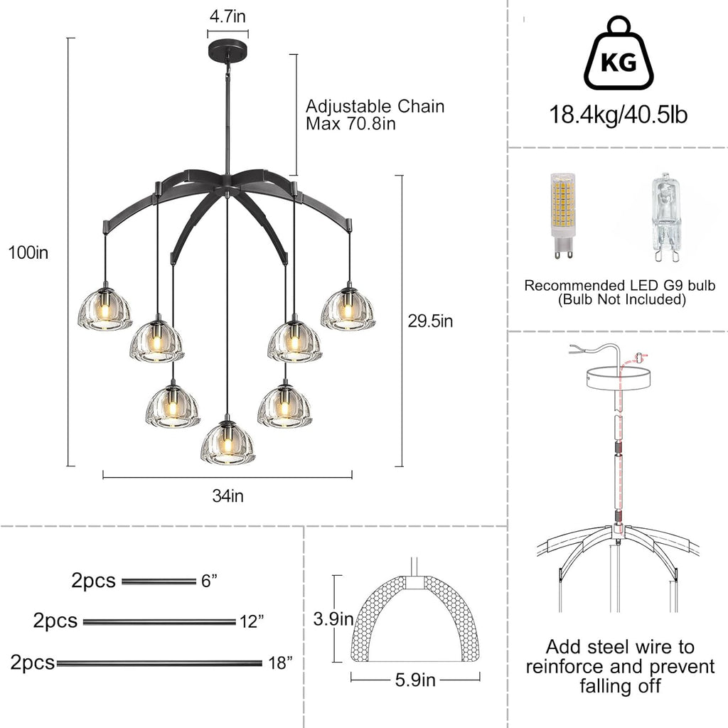 Modern Chandeliers, Large Arc Chandelies for Living Room, Black Round High Ceiling Chandelier for Dining Room, 7-Light Living Room Light Fixture 34" Pendant Light Chandelier for Staircase Bedroom