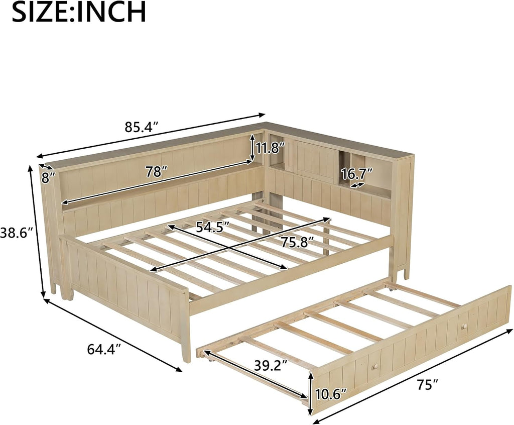 Full Daybed with Storage Shelves and Trundle, Wood Slat Support, No Box Spring Needed, Antique White