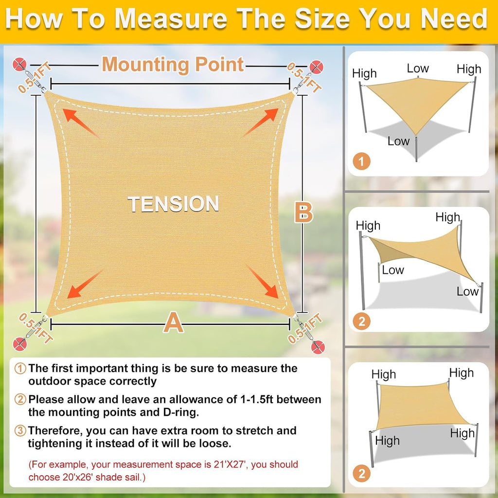 Sun Shade Sail Curved 20'X26' Sand Rectangle Outdoor Shade Cover UV Blovk Canopy Garden Backyard Heavy Duty Permeable