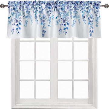 Valances for Windows Blue Eucalyptus Leaf Rod Pocket Cafe Window Treatments Valance Curtains for Kitchen Bathroom