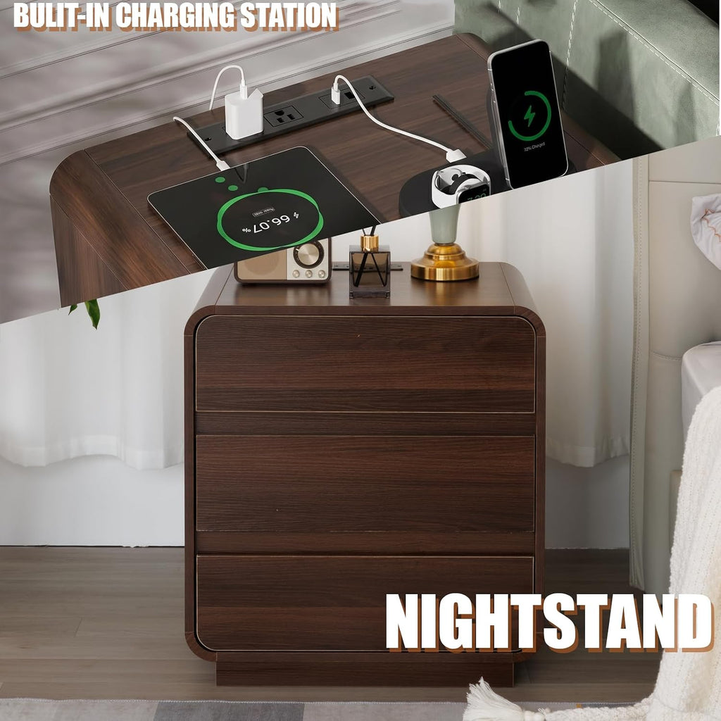 Modern Nightstand Set of 2 with Charging Station, Wood Bedside Table with 3 Drawers, Night Stands (Walnut)