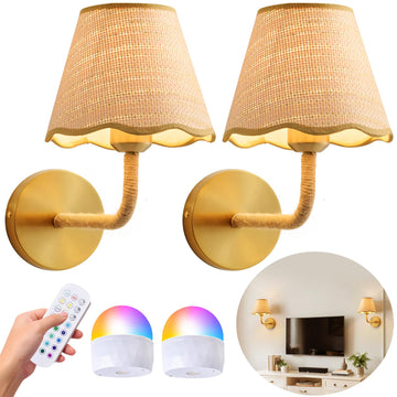 Set of 2 Battery Operated Rattan Wall Sconces Living Room Home