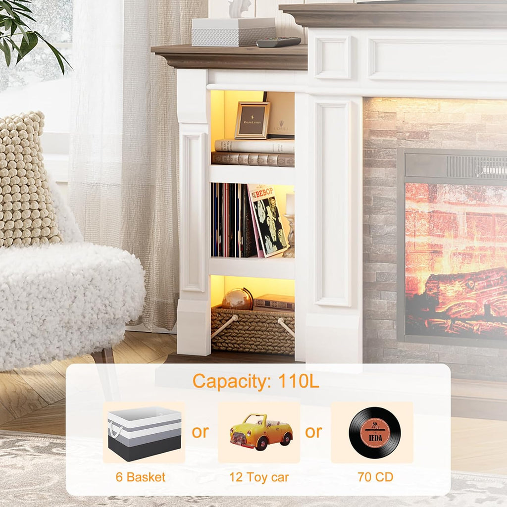 72 Inch Electric Fireplace TV Stand with Mantel and Storage Cabinets, LED Lighting, Stacked Stone Surround and 3D Realistic Flame Insert Heater