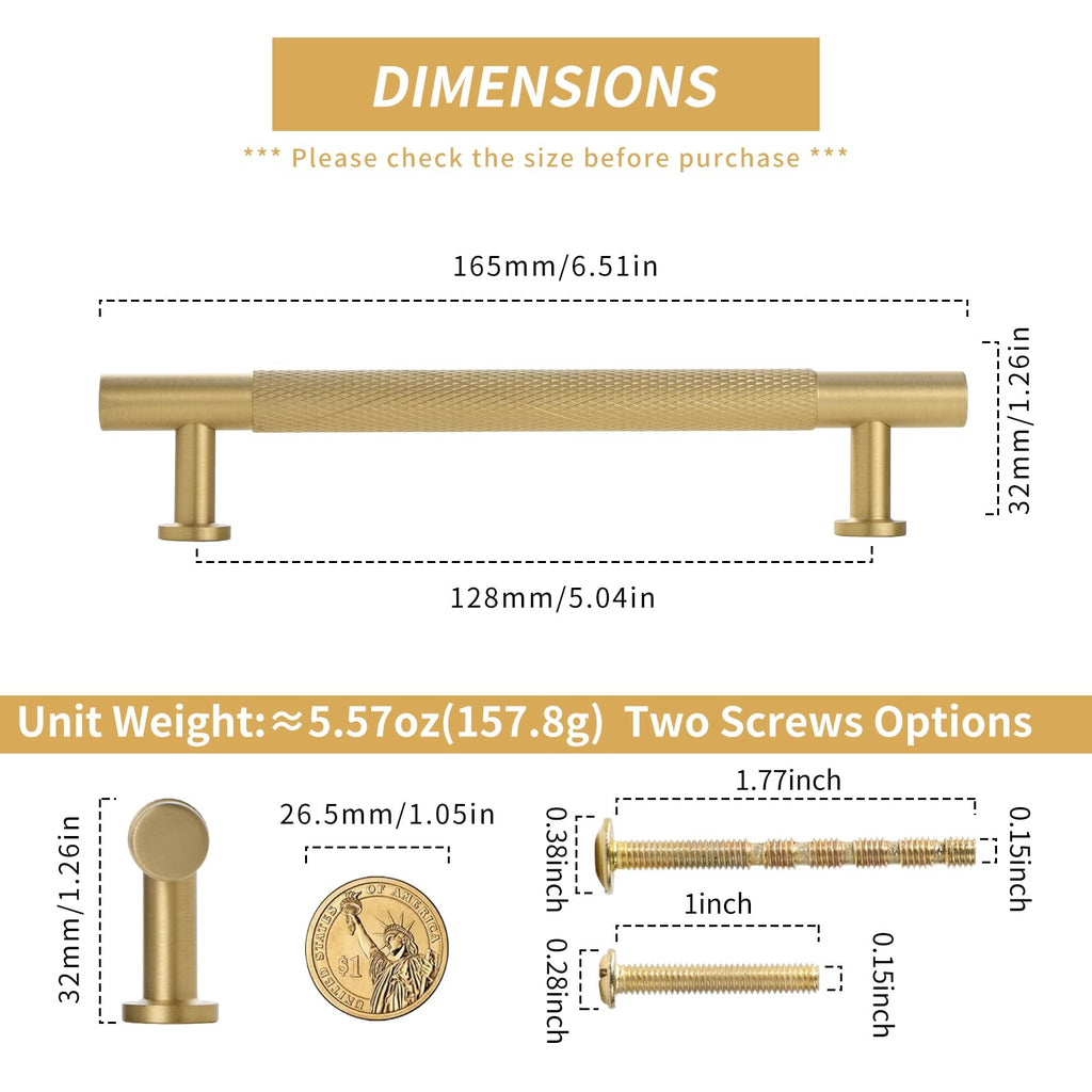 5" Knurled Solid Brass Cabinet Pulls, Brushed Matt Gold 5-Pack