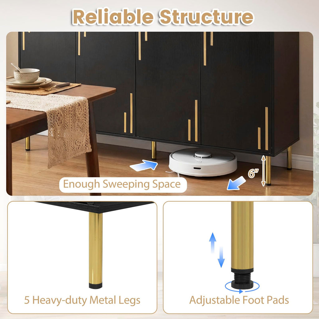 Kitchen Sideboard Buffet Cabinet with 4 Doors, 55" Long Kitchen Buffet Cabinet with 5 Gold Coated Metal Legs, Modern
