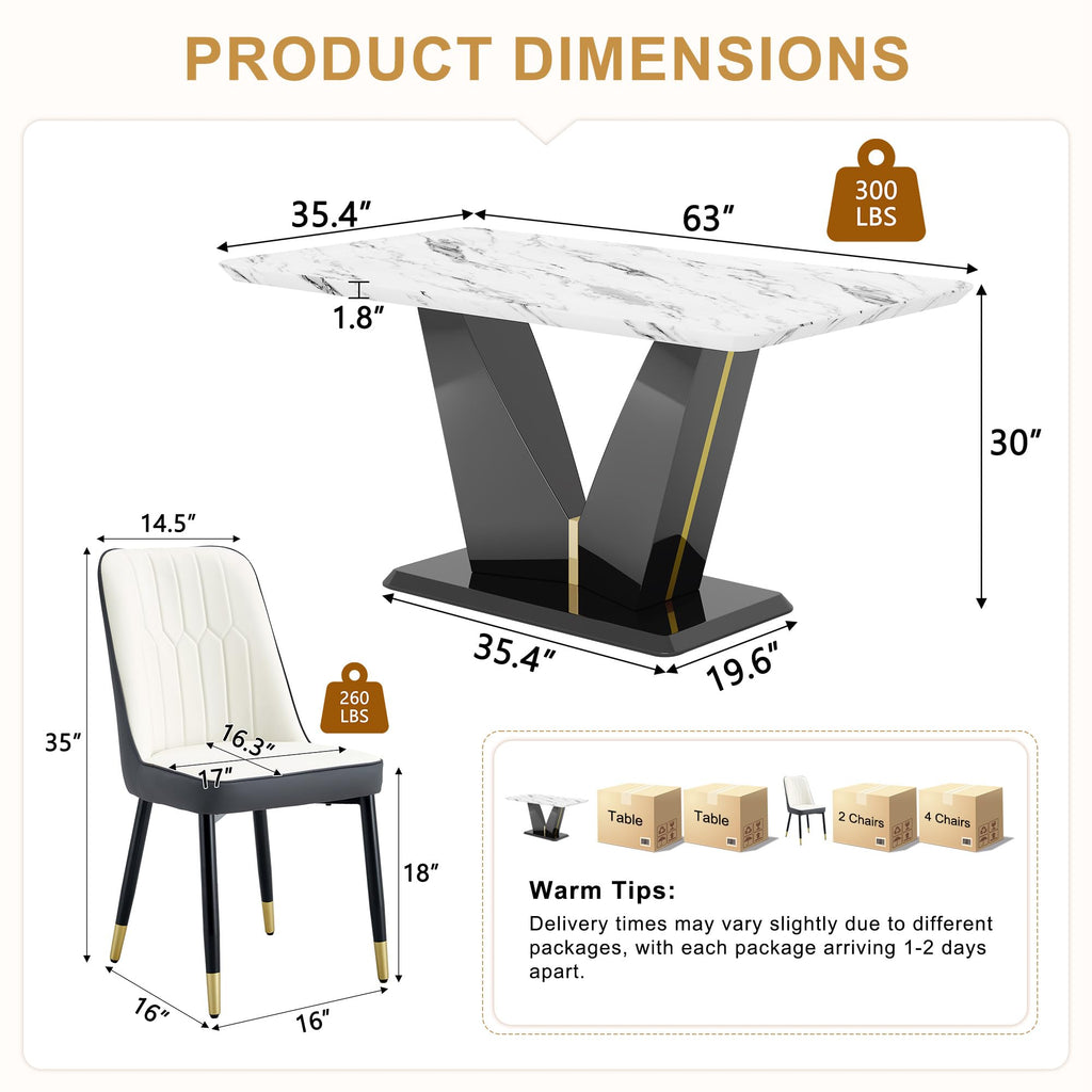Modern Dining Table Set for 6, 7 Piece Dining Room Table Set, White Marble Dining Room Table Set for 6, 63" Rectangule
