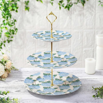 3 Tier Blue Hydrangea Cake Stand 10", 9" and 7" Ceramic Serving Tray Dessert Cupcake Display Holder Tower for Wedding