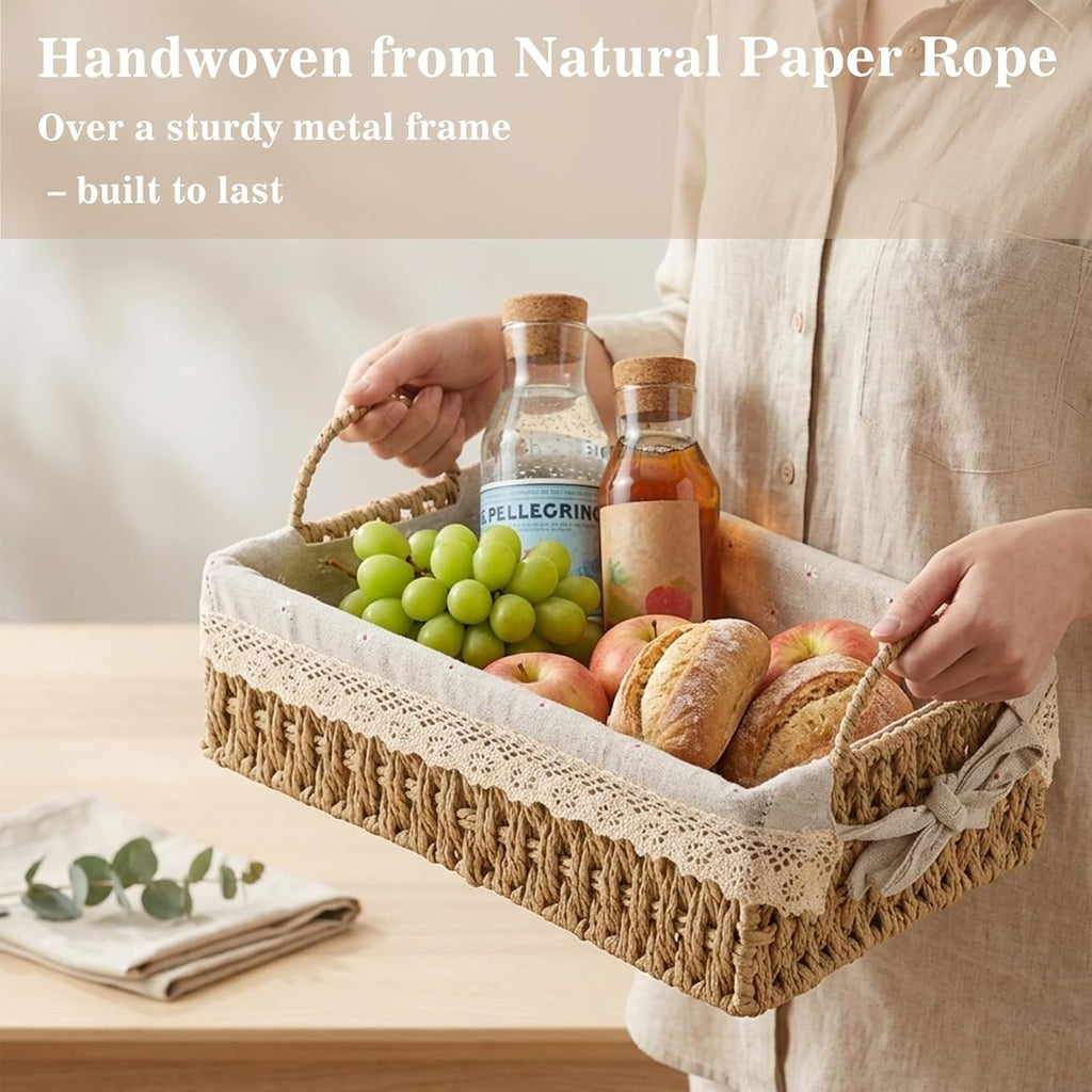 Rectangular Wicker Basket 2-Pack, Small Storage Baskets with Liner | Handwoven paper rope on metal frame. Removable
