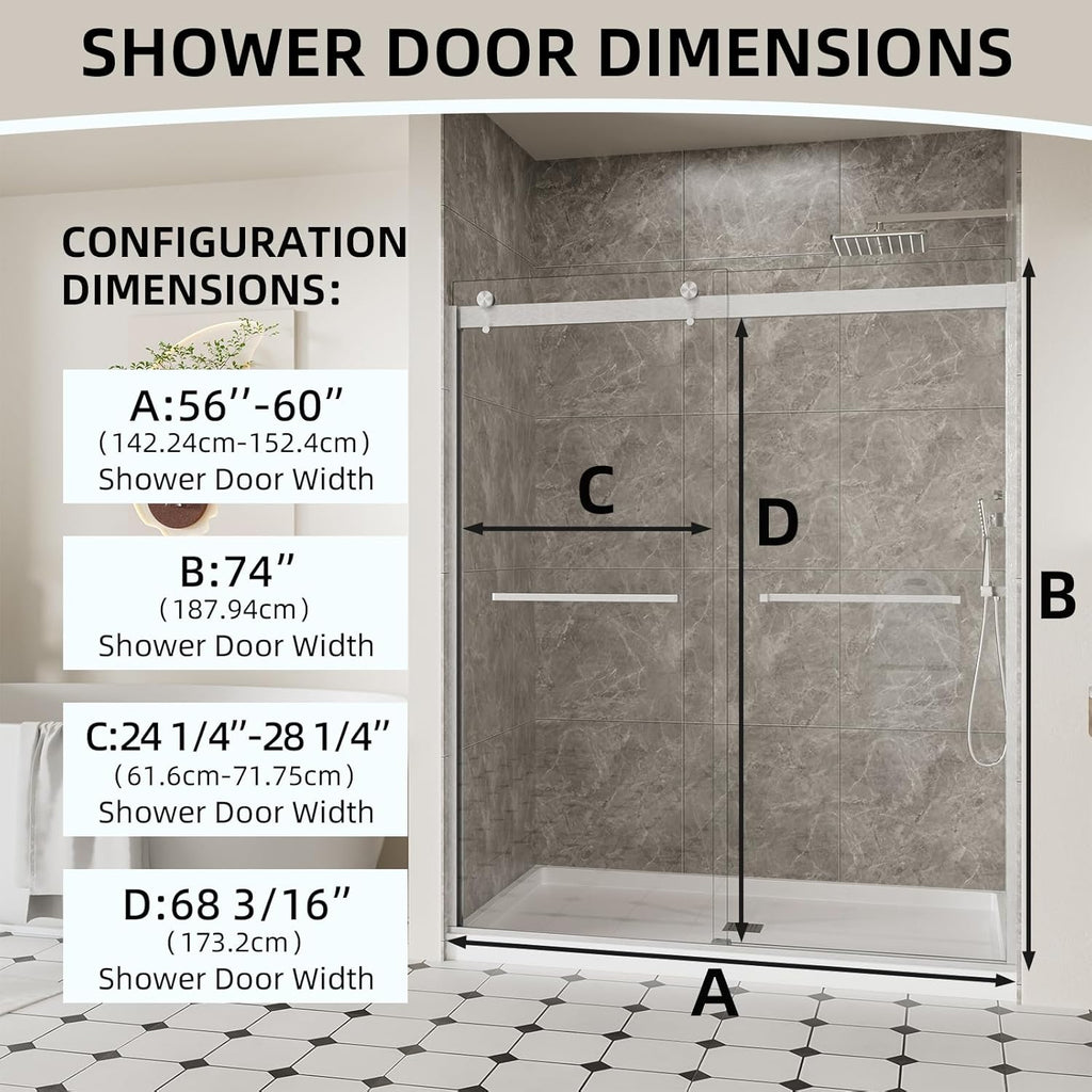 56-60" W x 74" H Frameless Shower Door with Double Tracks