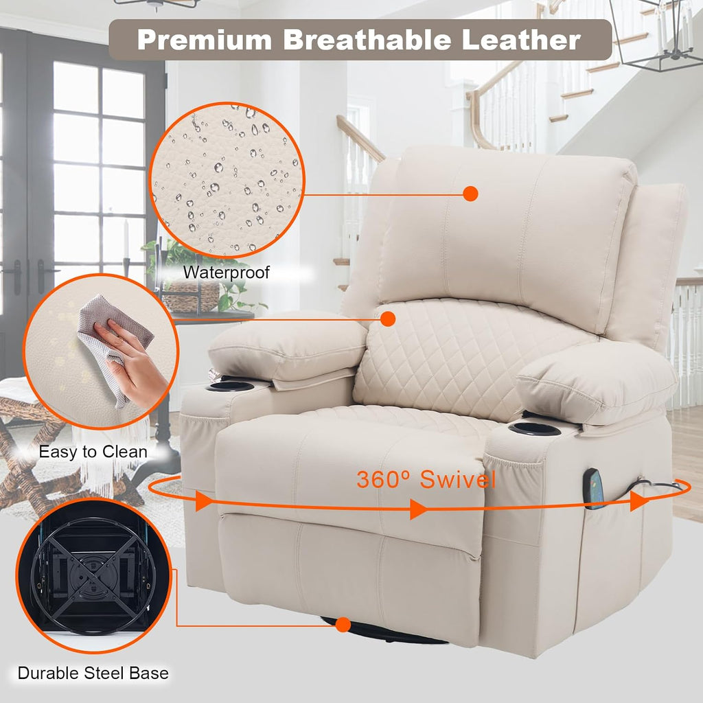 Leather Swivel Rocker Recliner Massage Nursery Rocking Glider Chair, White | Wide Seat, Overstuffed, Cup Holders