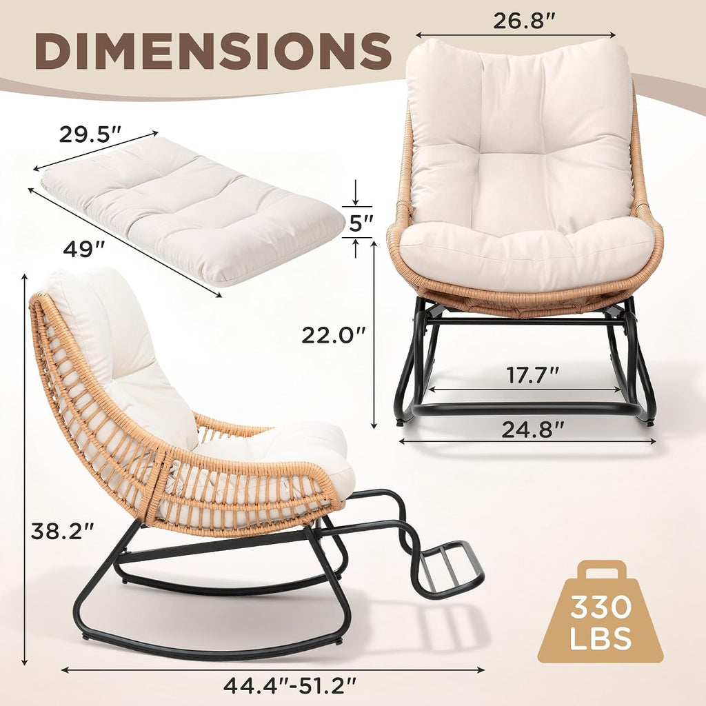 Outdoor Rocking Papasan Chair with Adjustable Footrest, Patio Egg Rocking Chair with Thick Cushion, Steel Frame