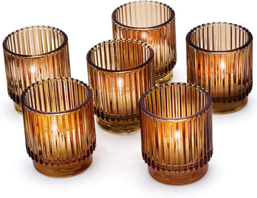 Vintage Glass Tealight & Amber Votive Candle Holders (Set of 6) Rustic Fluted Candle Holder Set, Boho Home Decor