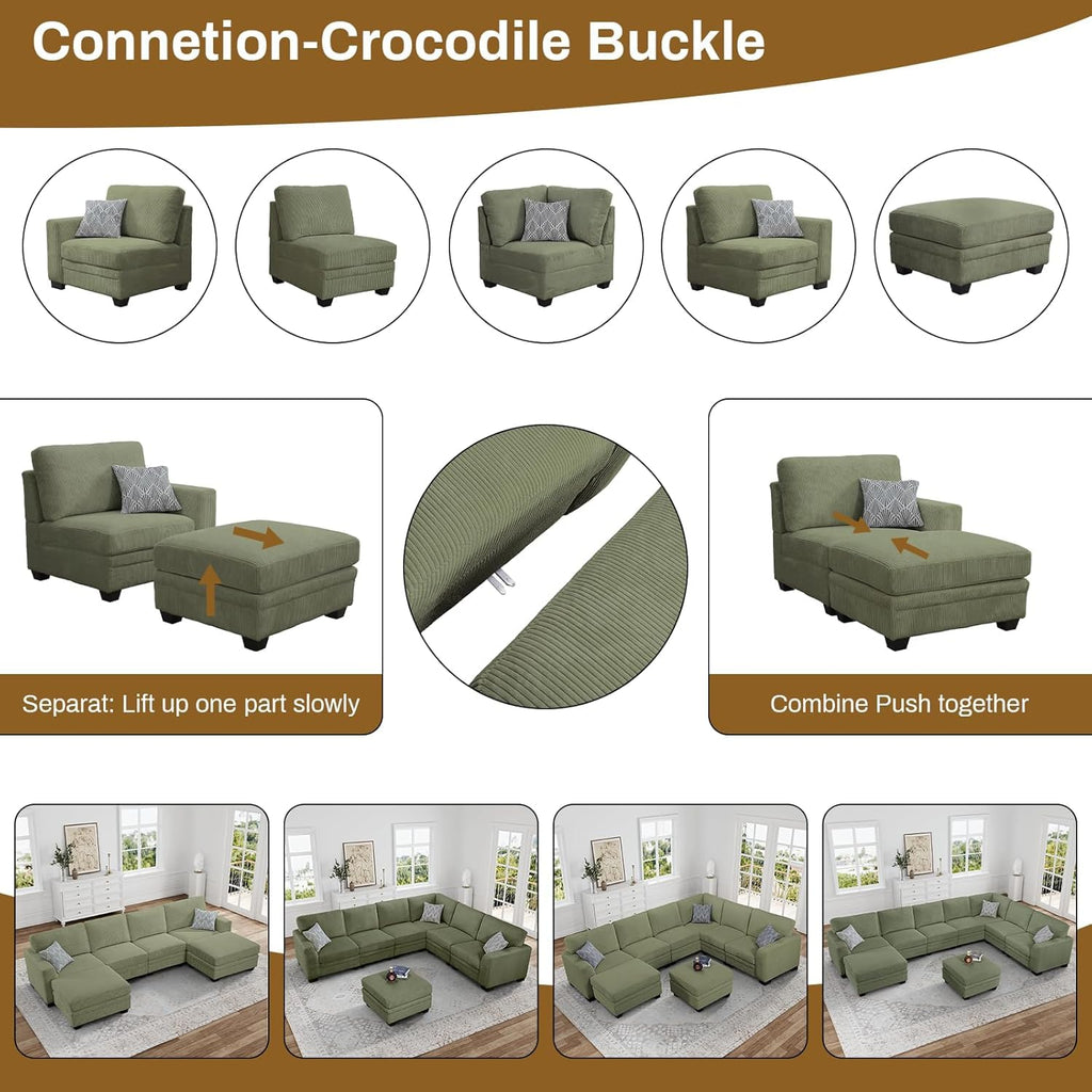 Oversized Modular Sectional Sofa, U/L‐Shaped Reversible Couch with Ottoman, Deep Seat Corduroy Sofa, 13‐Seater, Olive