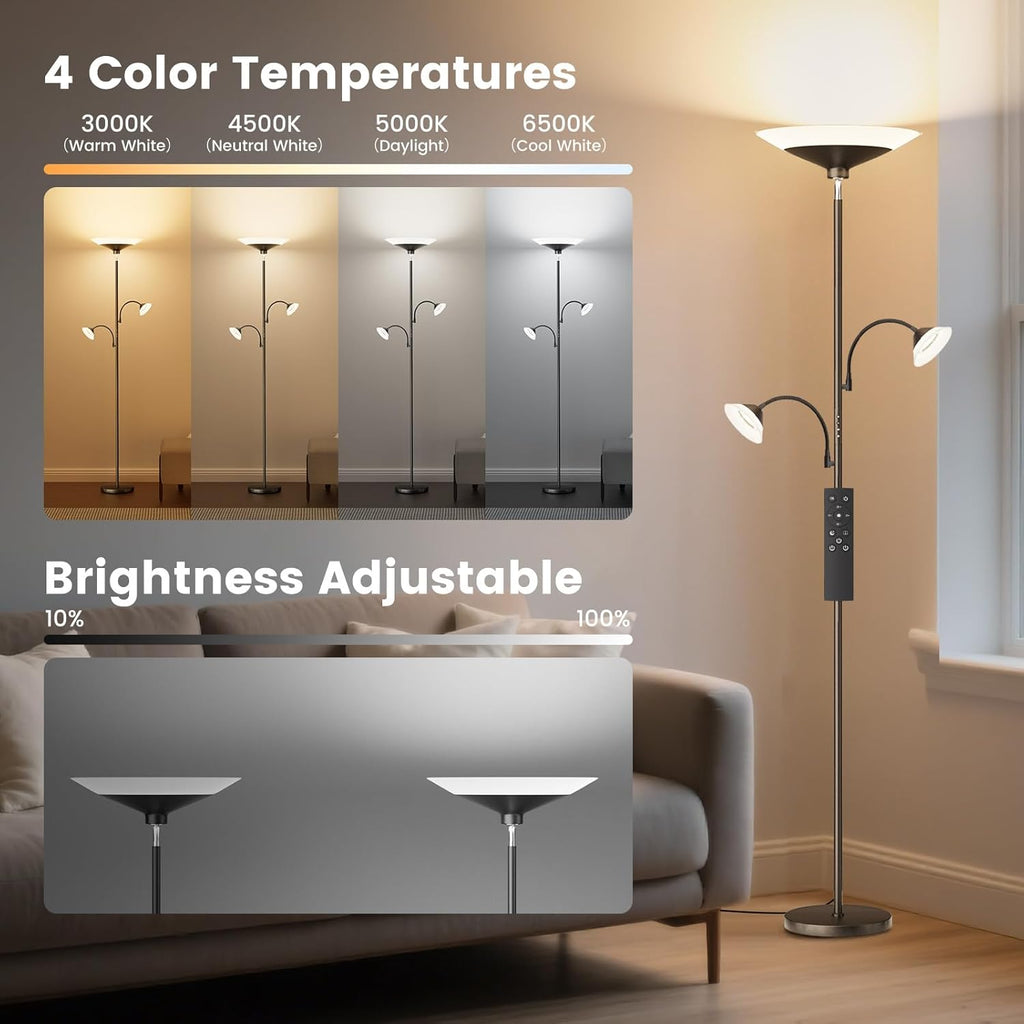 3 Way Torchiere Floor Lamp - 42W Dimmable LED Tree Standing Lamp with Remote, 2300LM, Color Changing